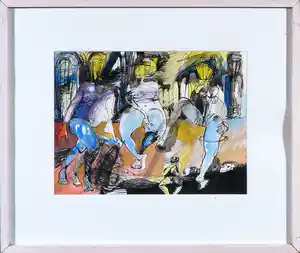 Rachid Ben Ali - Gemengde techniek op papier, Zonder titel - Ingelijst verkocht voor € 50!