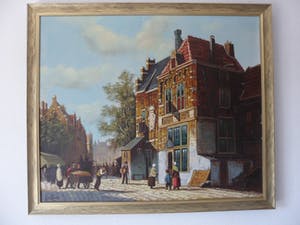 H.J Topman - Olieverfschilderij van een vroeg Hollands straatbeeld met mensen en gebouwen. kopen? Bied vanaf 35!