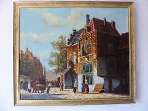H.J Topman - Olieverfschilderij van een vroeg Hollands straatbeeld met mensen en gebouwen. verkocht voor € 35!
