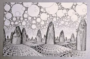 Jan Bernard Meinen - Grote & gedetailleerde Inkt-tekening "Vissen en luchtbellen" - 1974 - gesigneer kopen? Bied vanaf 29!