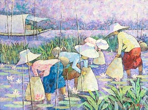 Niet of onleesbaar gesigneerd - Acryl op doek, Rijstvelden - Ingelijst kopen? Bied vanaf 1!