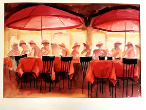 Jurjen Fontein - Mensen op terras - Aquarel kopen? Bied vanaf 120!