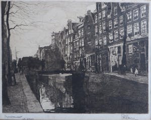 Pol Dom - Amsterdams stadsgezicht met gracht,bruggetje en figuren op straat kopen? Bied vanaf 40!