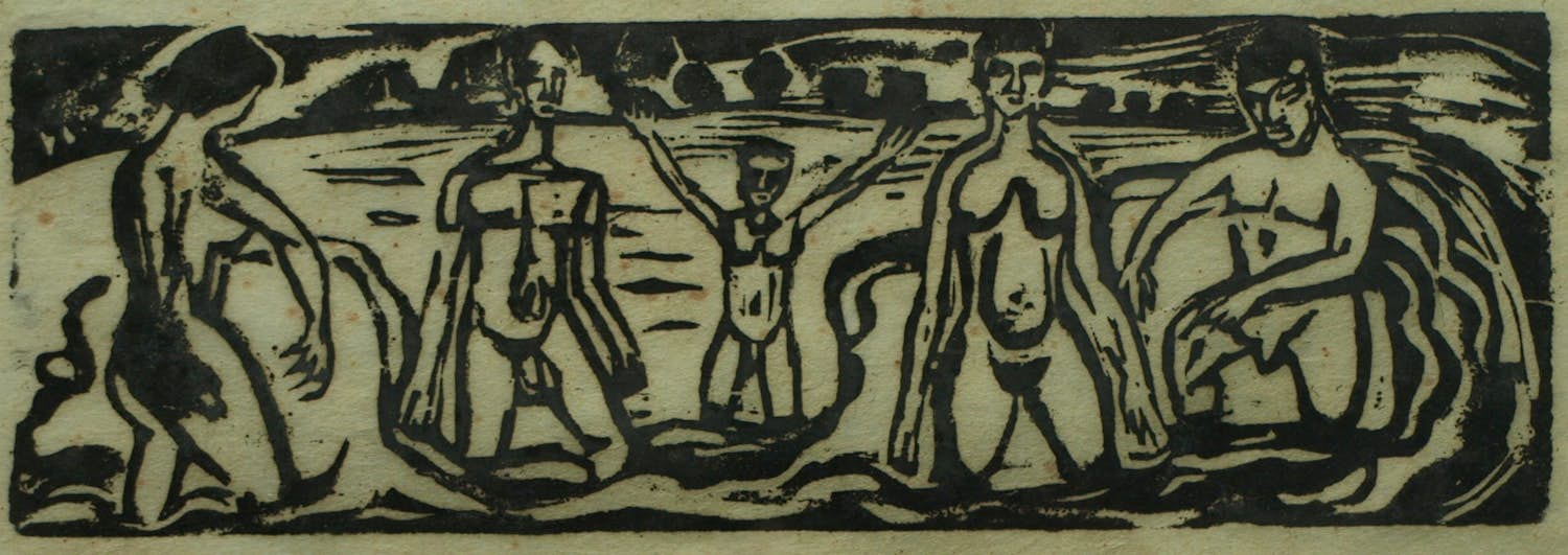 Jan Wiegers - Ingelijste houtsnede , De Baders – Lijst, 22 x 31 cm. kopen? Bied vanaf 60!