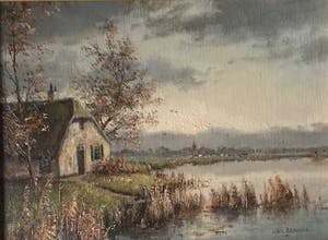 Gien Brouwer - Boerderij aan Water - Olieverf op paneel, Ingelijst kopen? Bied vanaf 110!