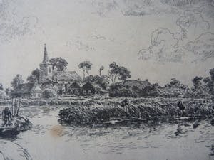 Johannes Elsinga - Fraai meertje met vissers in een boot bij een dorp, waarschijnlijk Friesland. kopen? Bied vanaf 45!