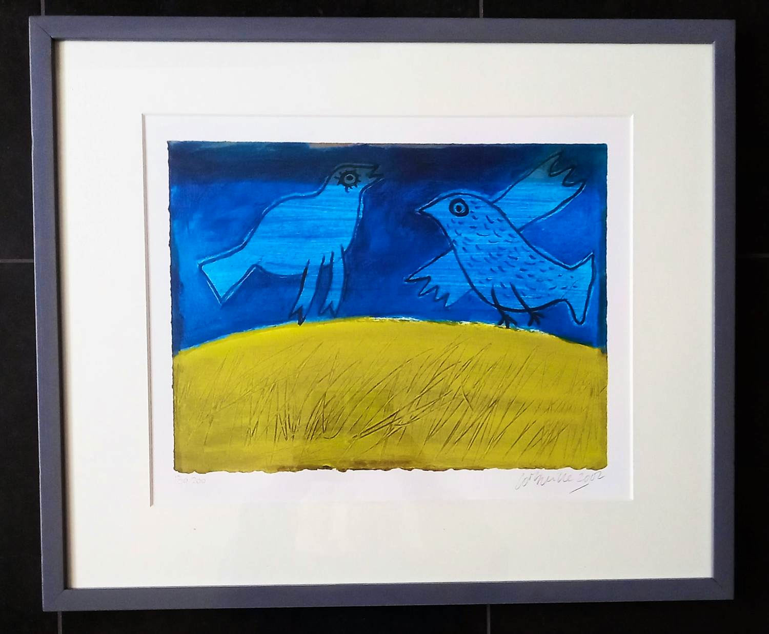 Corneille - Fraaie zeefdruk'Two Blue Birds', mooi gelijst kopen? Bied vanaf 225!