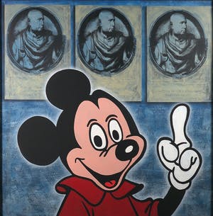 Jan Bollaert - Gemengde techniek op board, 1/2 Mickey en 3-koppen (Zeer Groot) kopen? Bied vanaf 150!