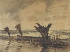 Albertus Gerhard Hulshoff Pol - Houtskool op papier, Landschap met knotwilgen - Ingelijst kopen? Bied vanaf 1!