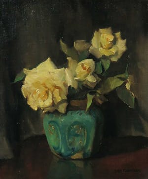 Jan Franken - Olieverf op doek, Stilleven met witte rozen in gemberpot - Ingelijst kopen? Bied vanaf 300!