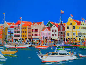 Fred Breebaart - Zomers zicht op kade de van Curaçao. Prachtige kleuren.Naïeve kunst. kopen? Bied vanaf 125!