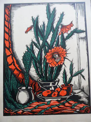 Jan Schonk - Houtsnede, Bloeiende cactus kopen? Bied vanaf 50!