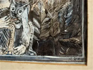 Mieke Kemming-Stork - karakteristieke "Fabel" aquarel in blauw "vrouw met kat" gesigneerd kopen? Bied vanaf 29!