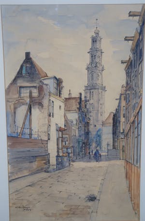 Jan den Hengst - Amsterdam, de Jordaan met de Westerkerk - grote ingelijste aquarel kopen? Bied vanaf 150!