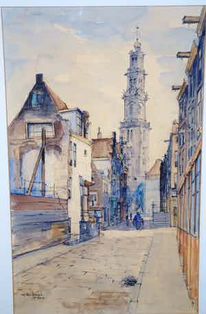 Jan den Hengst - Amsterdam, de Jordaan met de Westerkerk - grote ingelijste aquarel verkocht voor € 150!