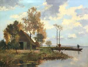 Johan Hendrik Kaemmerer - C2317 - visser in praam bij boerenschuur aan water verkocht voor € 395!