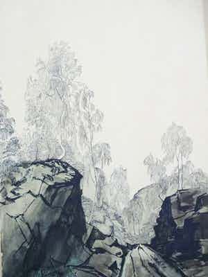 Wilhelmina van Oranje-Nassau - , Berglandschap, Litho uit 1933. verkocht voor € 60!