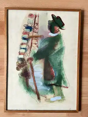Dolf Henkes - Man met groene jas, met wandelstok, bij kunstwerk vendu pour 150€ !