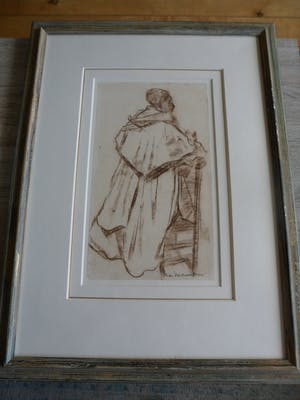Koos Stikvoort - Krijttekening, met een biddende priester op een bidstoel. kopen? Bied vanaf 120!
