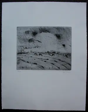 Jan Wiegers - Droge naald ets: Koeien in de regen kopen? Bied vanaf 95!