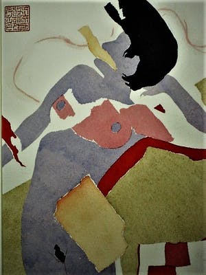 Niet of onleesbaar gesigneerd - Interessant Chinees Aquarel "Naakte vrouw in rood witte jas" gesigneerd kopen? Bied vanaf 1!