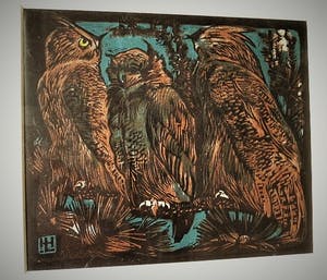 Louis Haver - Fraaie handgekleurde Linosnede "Uilen familie bij nacht" kopen? Bied vanaf 35!