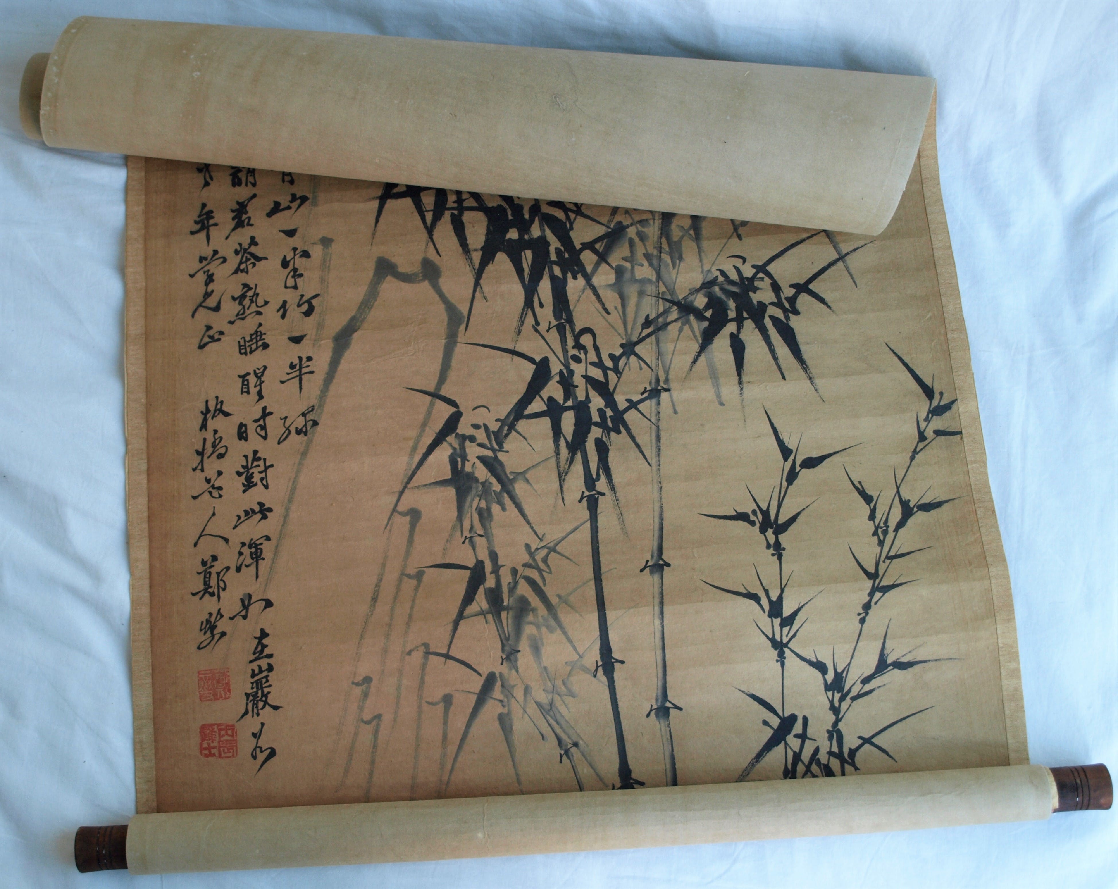 Niet of onleesbaar gesigneerd - Japanse of Chinese scroll, Riet - Inkt op papier, opgerold op houten stok kopen? Bied vanaf 1!