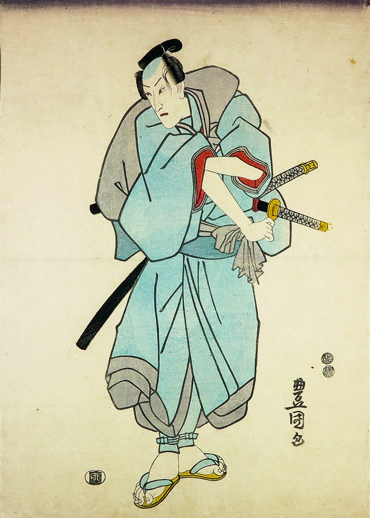 Toyokuni Utagawa - Houtdruk, Samurai verkocht voor € 80!