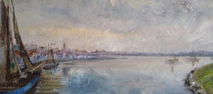 Niet of onleesbaar gesigneerd - Circa 1955 - "Botters op scheepswerf aan water" kopen? Bied vanaf 1!