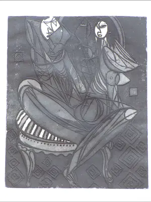 Theo Beerendonk - Kubistisch koppel op stoel - Ets kopen? Bied vanaf 30!