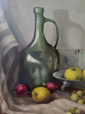 Jan Schaeffer - Tinnen schaal met fruit en groene fles kopen? Bied vanaf 300!