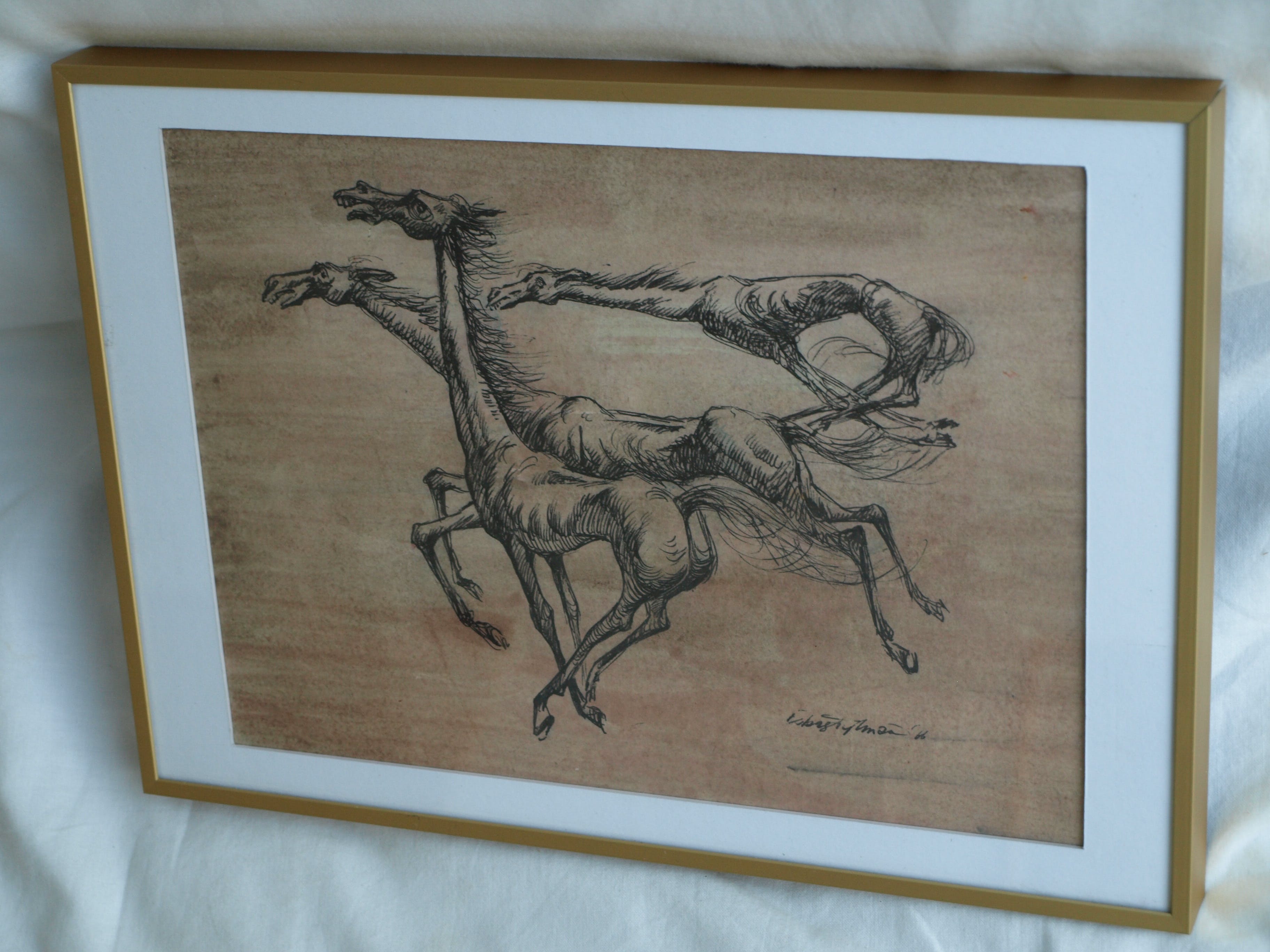 Klaas Pijlman - Pentekening , 3 Paarden – gesigneerd & ingelijst – 1966 kopen? Bied vanaf 35!