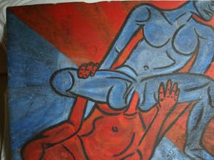 Niet of onleesbaar gesigneerd - Acrylverf op paneel , “Erotische voorstelling” – groot, 100 x 108 cm kopen? Bied vanaf 1!