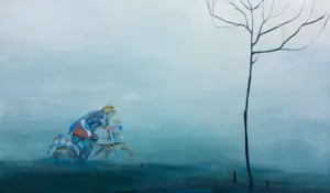 Maya Wildevuur - Acryl op doek, Fietser met tegenwind - Ingelijst (Groot) kopen? Bied vanaf 500!