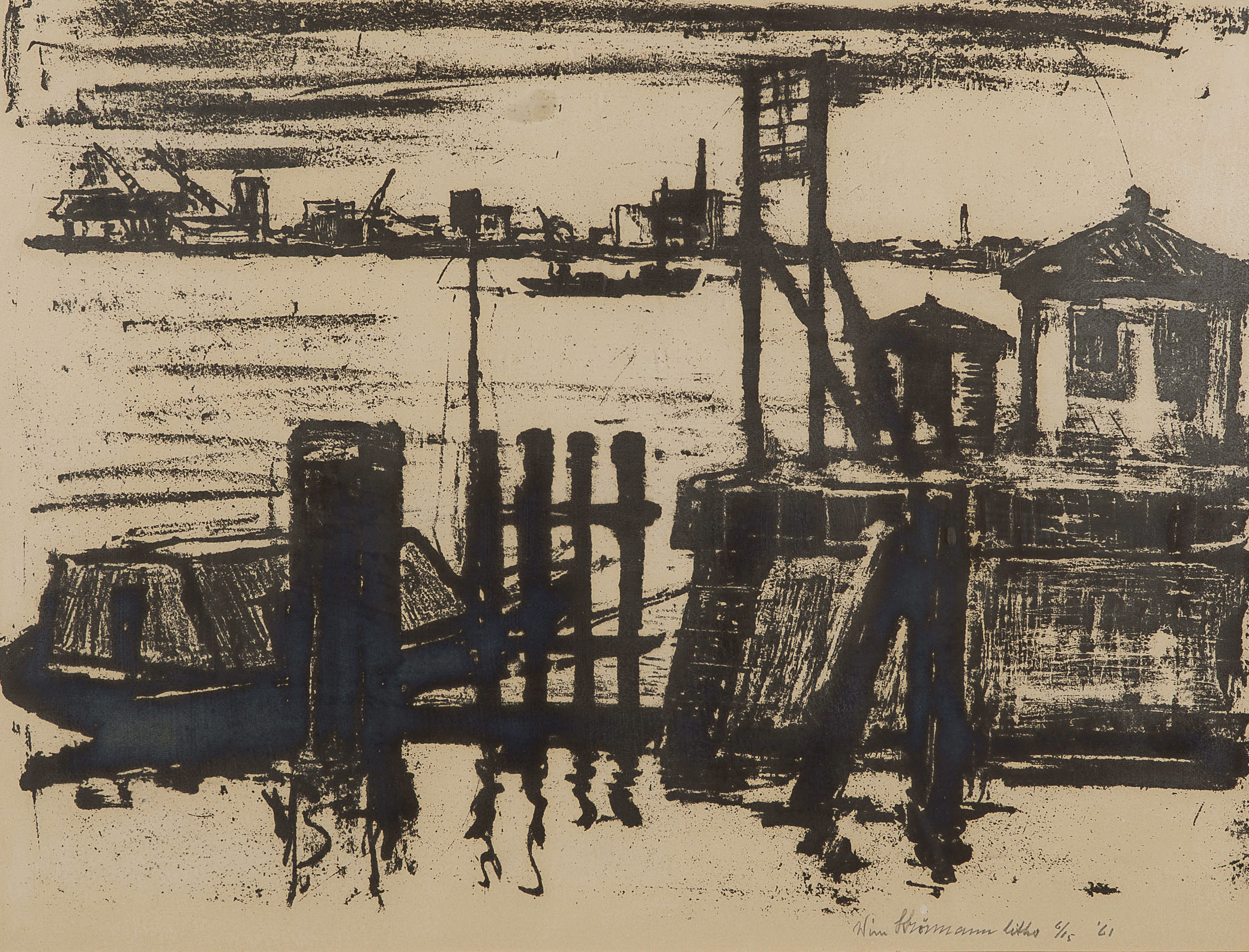 Wim Strörmann - Haven met parlevinkers - Litho - gesigneerd r.o. - oplage 6/15 - BKR Rotterdam kopen? Bied vanaf 10!