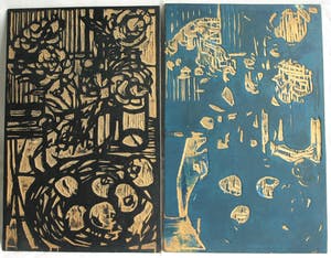 Fon Klement - De 2 dubbelzijdige houten drukblokken van de houtsnede ‘Pioenrozen en appels’ kopen? Bied vanaf 60!