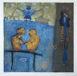 Liesbeth Rahder - Zeefdruk (blauw/goud kleurig), Zonder titel - Ingelijst kopen? Bied vanaf 40!