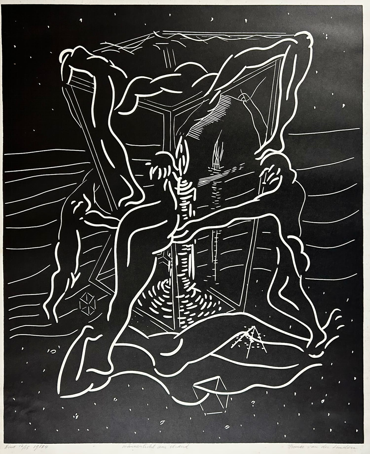 Thomas van der Linden - 'Männerlicht am Strand' - grote lino, handgesigneerd kopen? Bied vanaf 1!