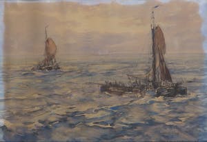 Cornelis de Bruin - Aquarel, Zeegezicht met botters - Ingelijst kopen? Bied vanaf 1!