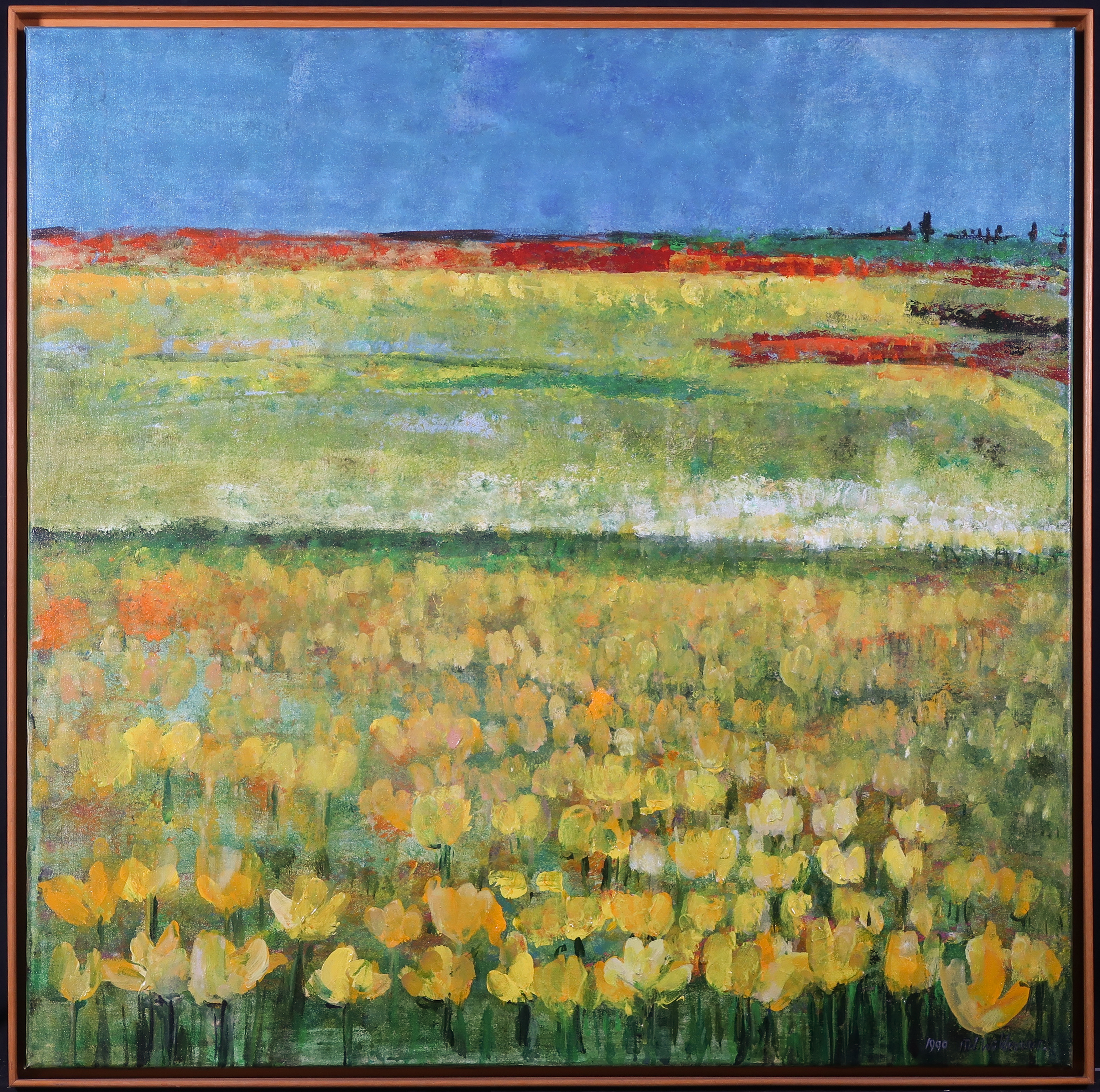 Maya Wildevuur - Olieverf op doek, Veld met bloemen - Ingelijst verkocht voor € 350!