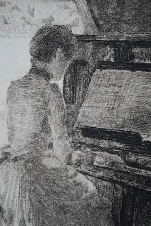 Ferdinand Oldewelt - Vrouw aan de piano - ets - ingelijst kopen? Bied vanaf 40!