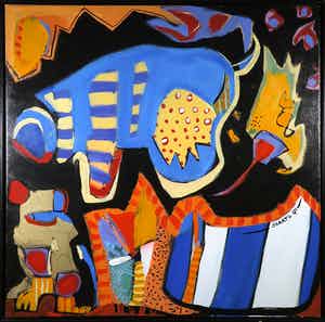 Miriam Slaats - Acryl op doek, Met z'n allen springen we uit de band - Ingelijst (Zeer groot) verkocht voor € 500!