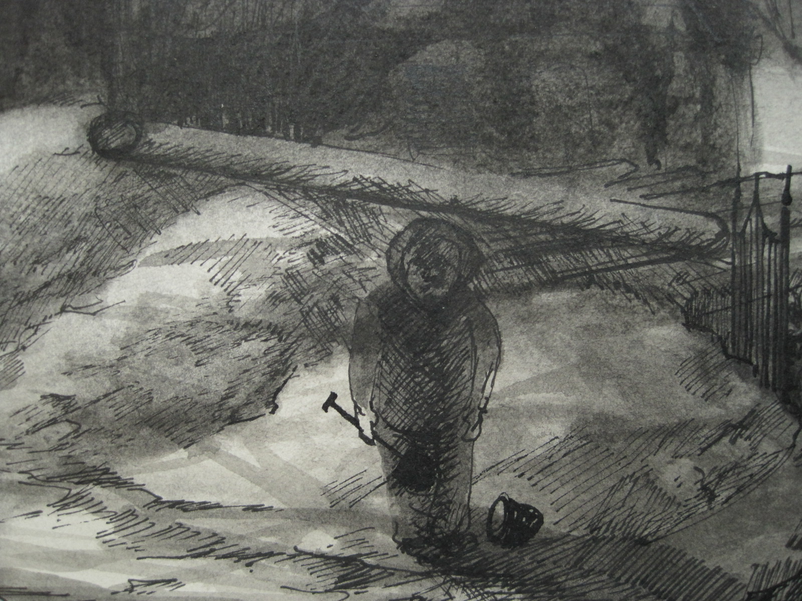 Theo Ros - Intrigerende Sepia "persoon in maanlicht in de sneeuw" gesigneerd kopen? Bied vanaf 1!