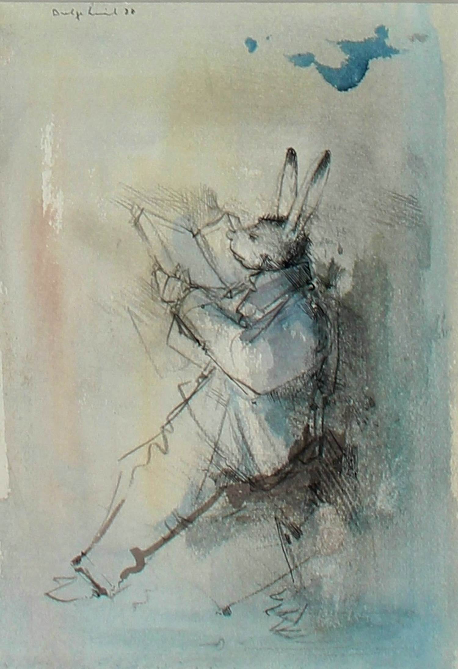 Dirkje Kuik - Ingelijste gemengde techniek: 'lezend konijn' - 1988 (nette lijst!) kopen? Bied vanaf 175!