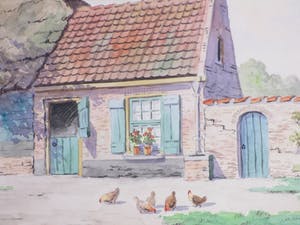 Antonius Hubertus Nordberg - Boerenerf met kippen en hooiberg - Aquarel kopen? Bied vanaf 30!