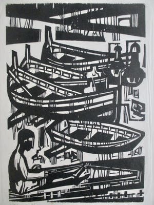 Akke Sins - Houtsnede "Boten" uit kleine oplage kopen? Bied vanaf 60!