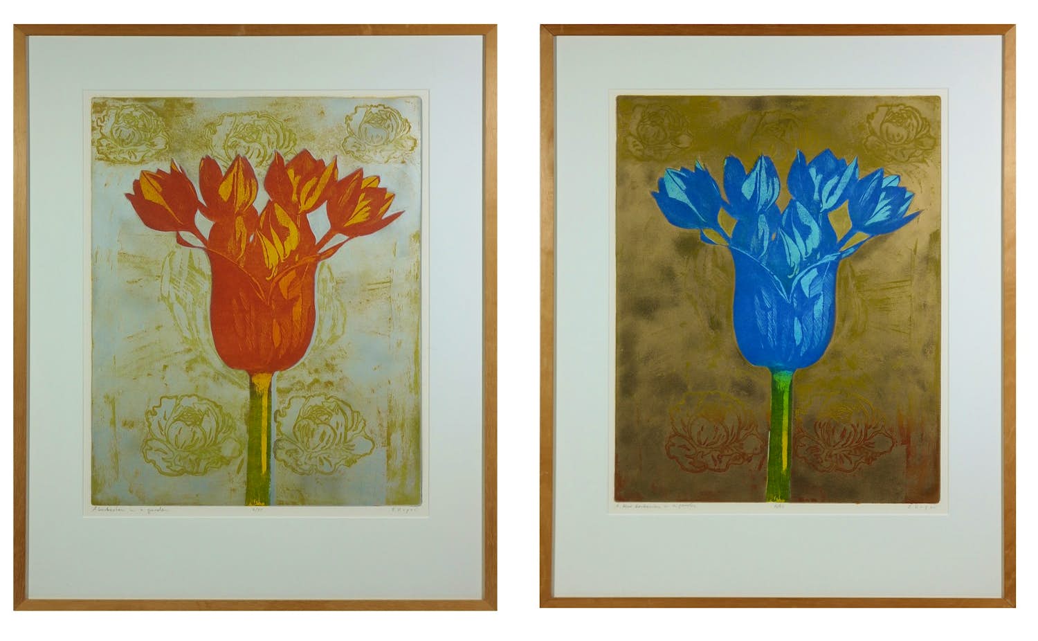 Eliza Kopec - Set van twee mooie kleurenetsen, A blue & red barbarian in a garden - Ingelijst kopen? Bied vanaf 80!