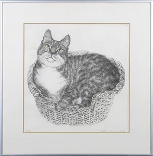 Ella van Schaik - Ets, Liggende poes in mand - Ingelijst kopen? Bied vanaf 1!