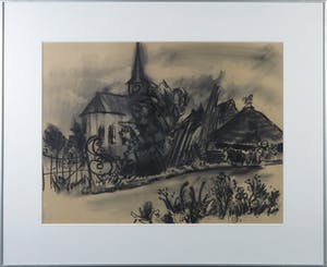 Rinus van der Neut - Houtskool op papier, Kerk bij Zuilingen - Ingelijst kopen? Bied vanaf 50!