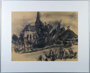 Rinus van der Neut - Houtskool op papier, Kerk bij Zuilingen - Ingelijst verkocht voor € 50!